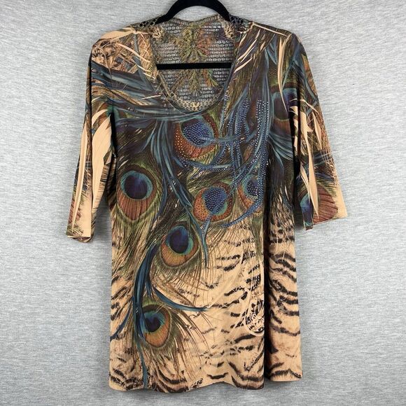 Patchington Womens Blouse Medium 3/4 Sleeve Peacock Feather Crochet Sparkle Boho - Picture 1 of 8